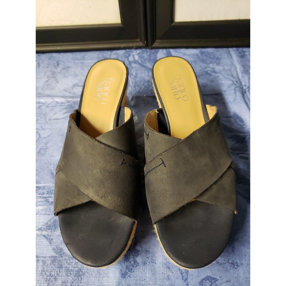 Franco Sarto Glamour Blue/Gray Suede leather Cork Platform Wedge Sandals SZ 8